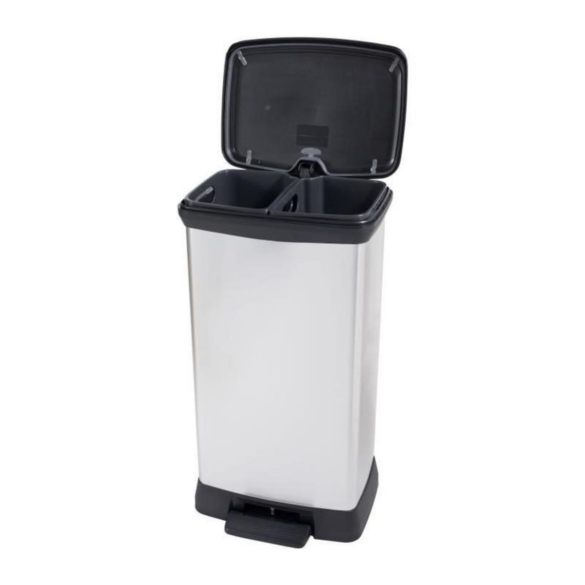 CURVER Poubelle Duo Rectangle - DECO BIN - CURVER - 46L (23+23L) - Double compartiment - 39 x 29 x 72 cm - Gris métallisé