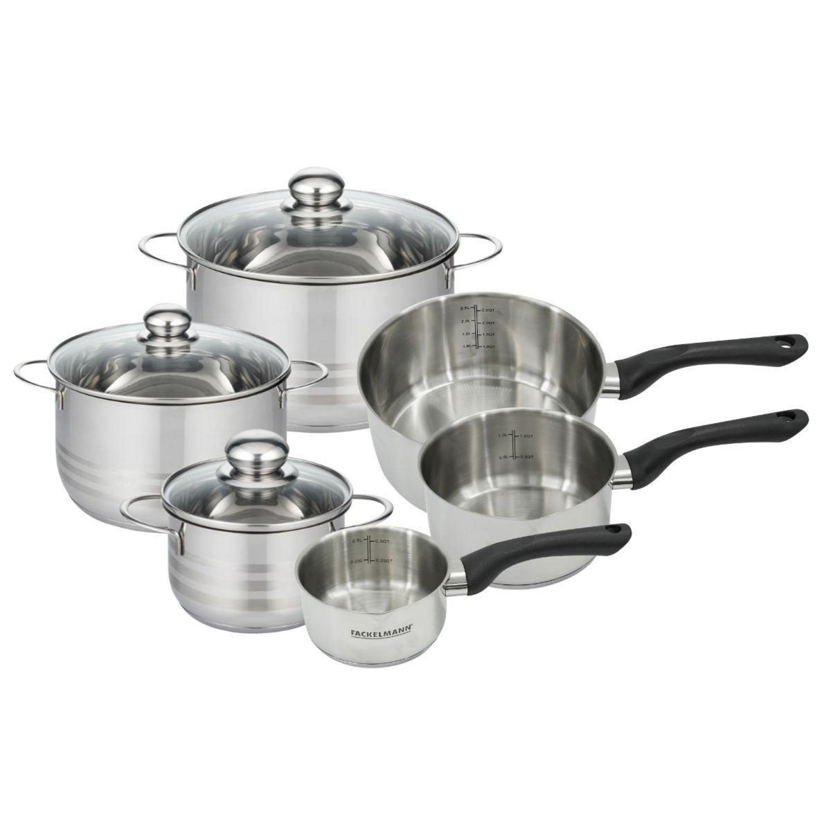 Fackelmann Set de 3 casseroles 12 16 20 cm en inox et 3 faitouts inox 16, 20 et 24 cm Fackelmann Geneva