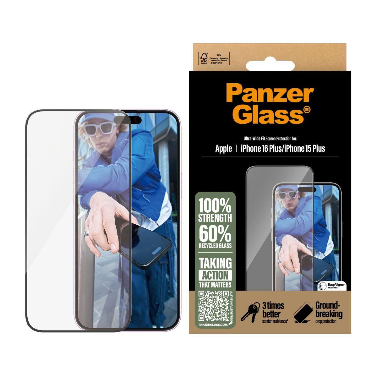 PANZERGLASS Protège écran iPhone 16 Plus verre trempé Ultra-Wide F
