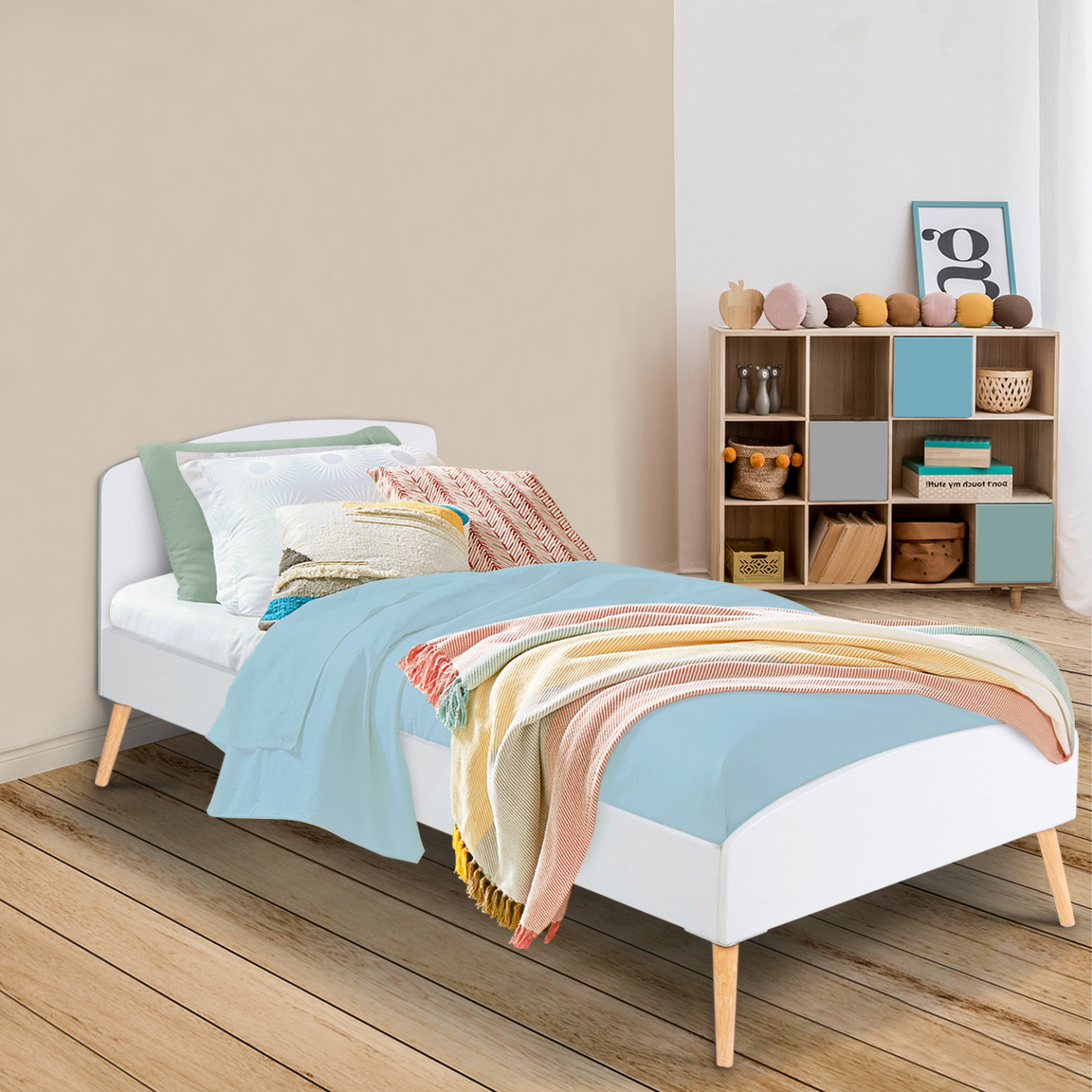 Voir la diapositive 2 : ID MARKET Lit simple scandinave 90 x 190 cm soren bois et blanc