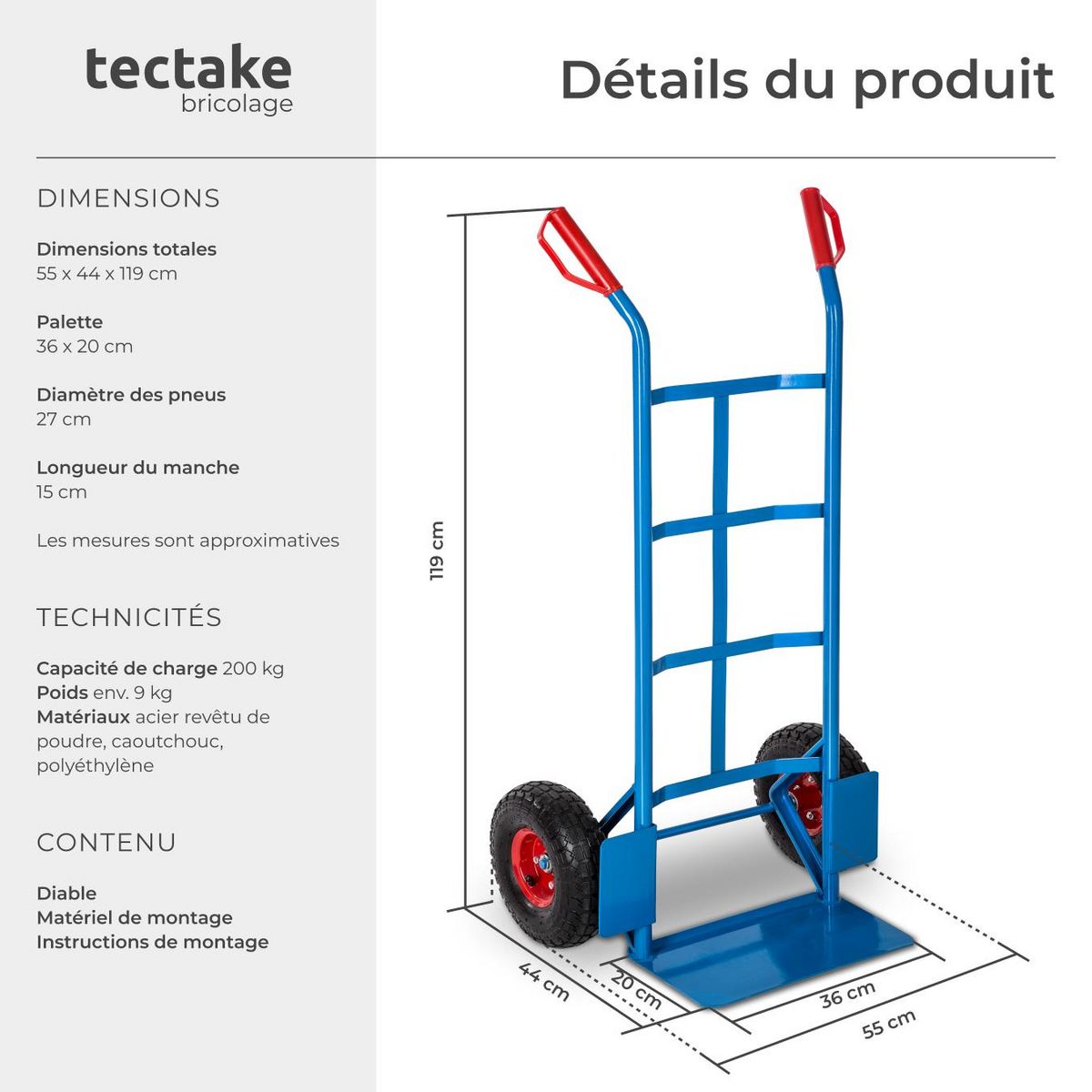 tectake Diable rigide avec châssis en acier bleu