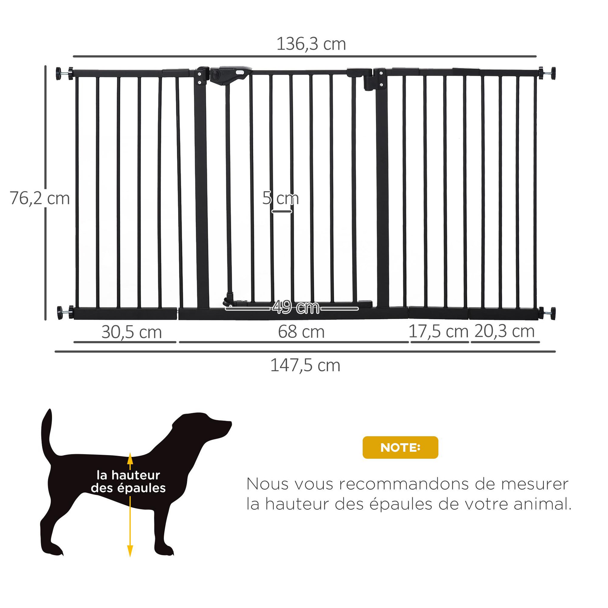 Voir la diapositive 3 : PAWHUT Barrière de sécurité longueur réglable porte double verrouillage sans perçage acier plastique noir
