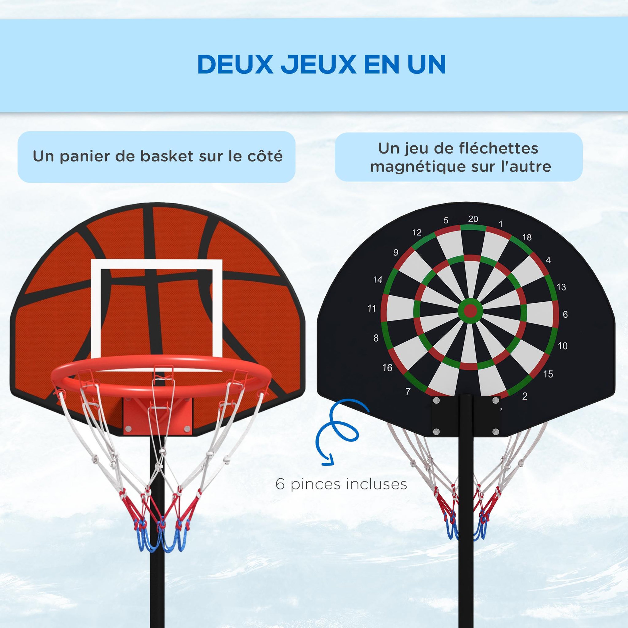 Voir la diapositive 4 : HOMCOM Support panier de basket-ball jeu de 6 fléchettes magnétiques 2 en 1