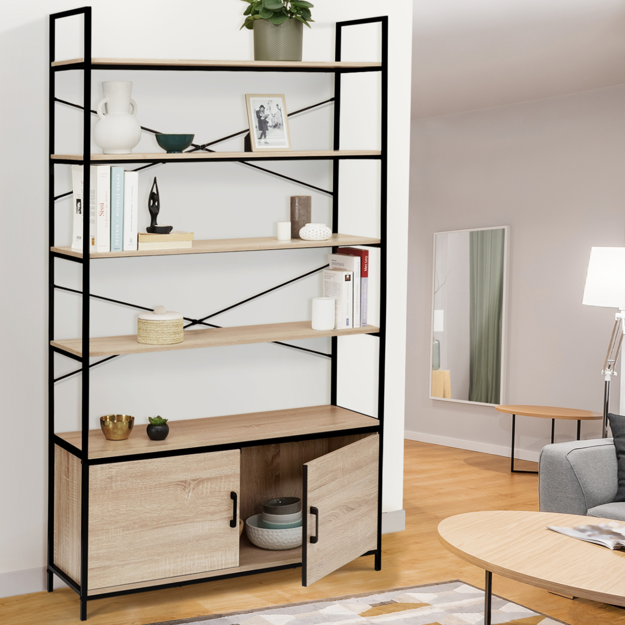 Voir la diapositive 3 : ID MARKET Etagère xl 5 niveaux avec placard detroit design industriel 170 cm