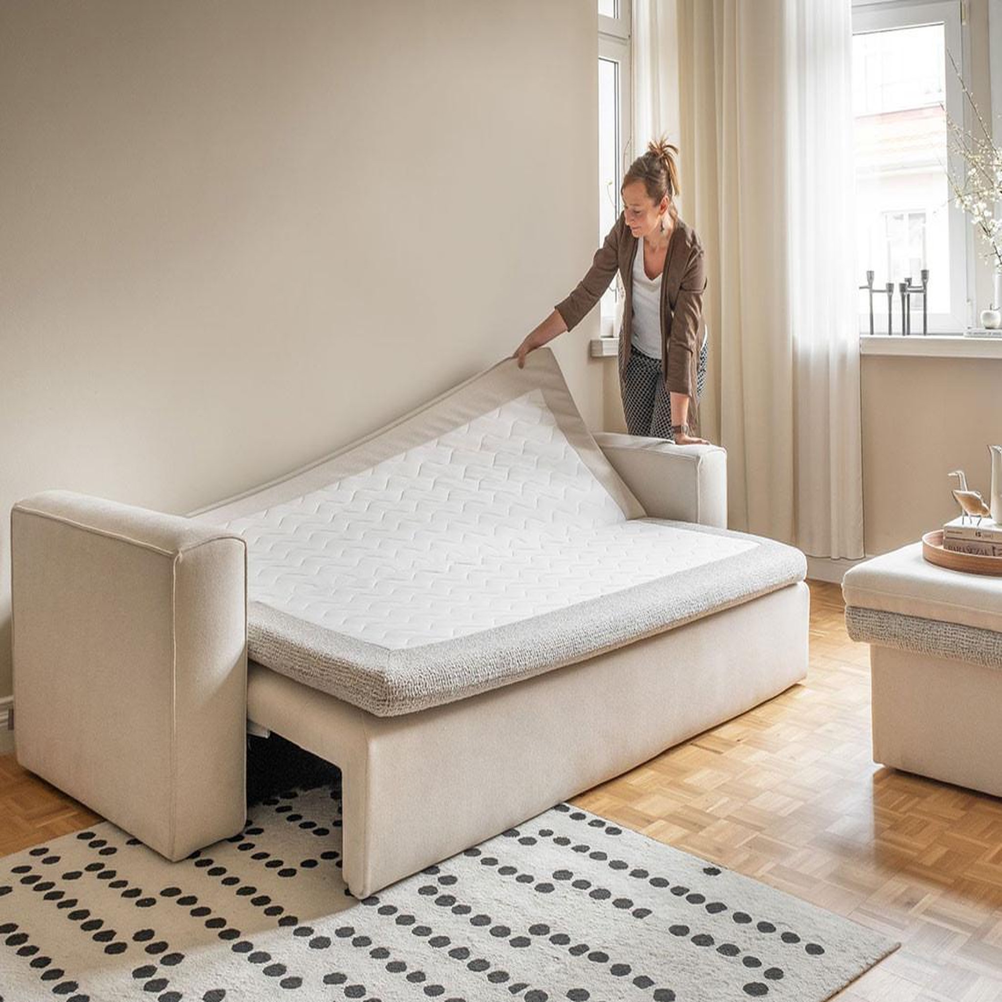 Voir la diapositive 3 : BEST MOBILIER Wilson - canapé droit 3 places convertible avec coffre en tissu et tissu texturé