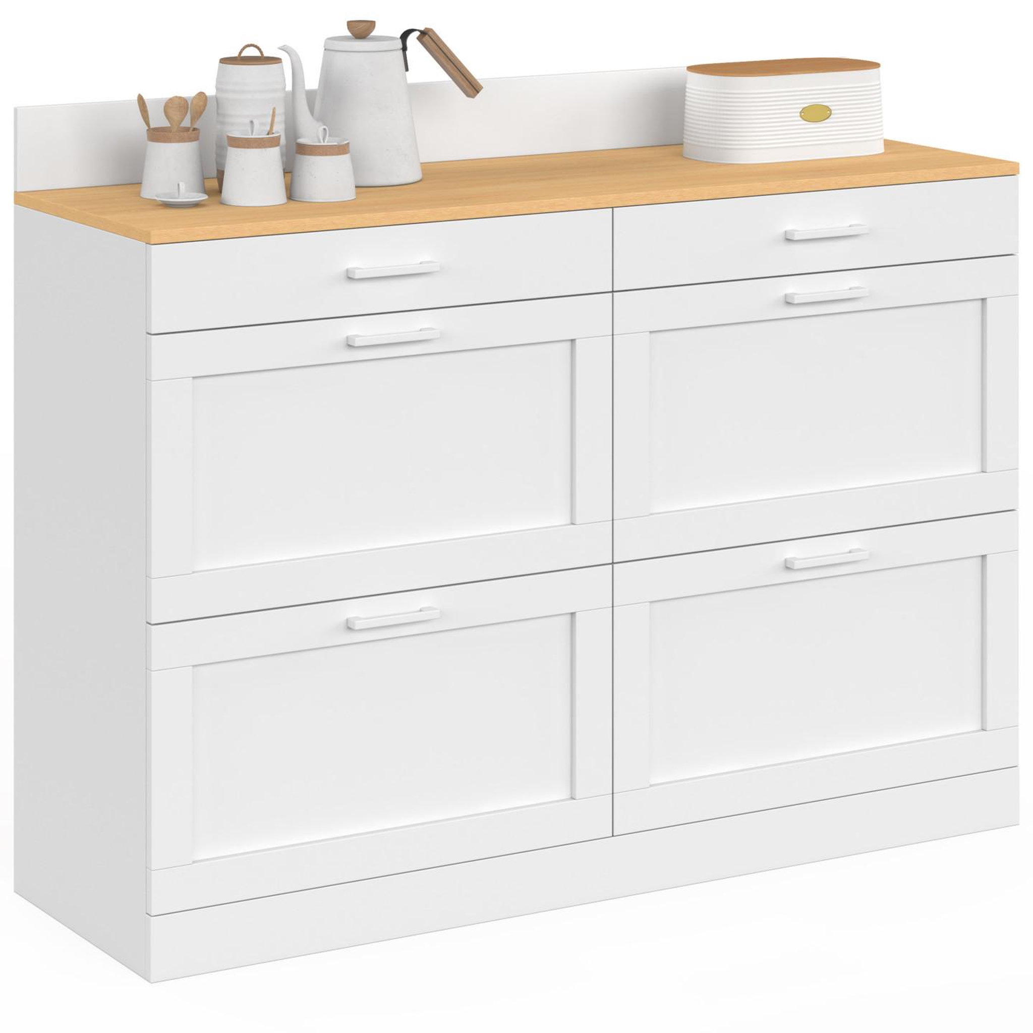 Voir la diapositive 4 : ID MARKET Buffet bas de cuisine 120 cm casserolier vito plan de travail h.83 cm 6 tiroirs blanc et plateau façon hêtre