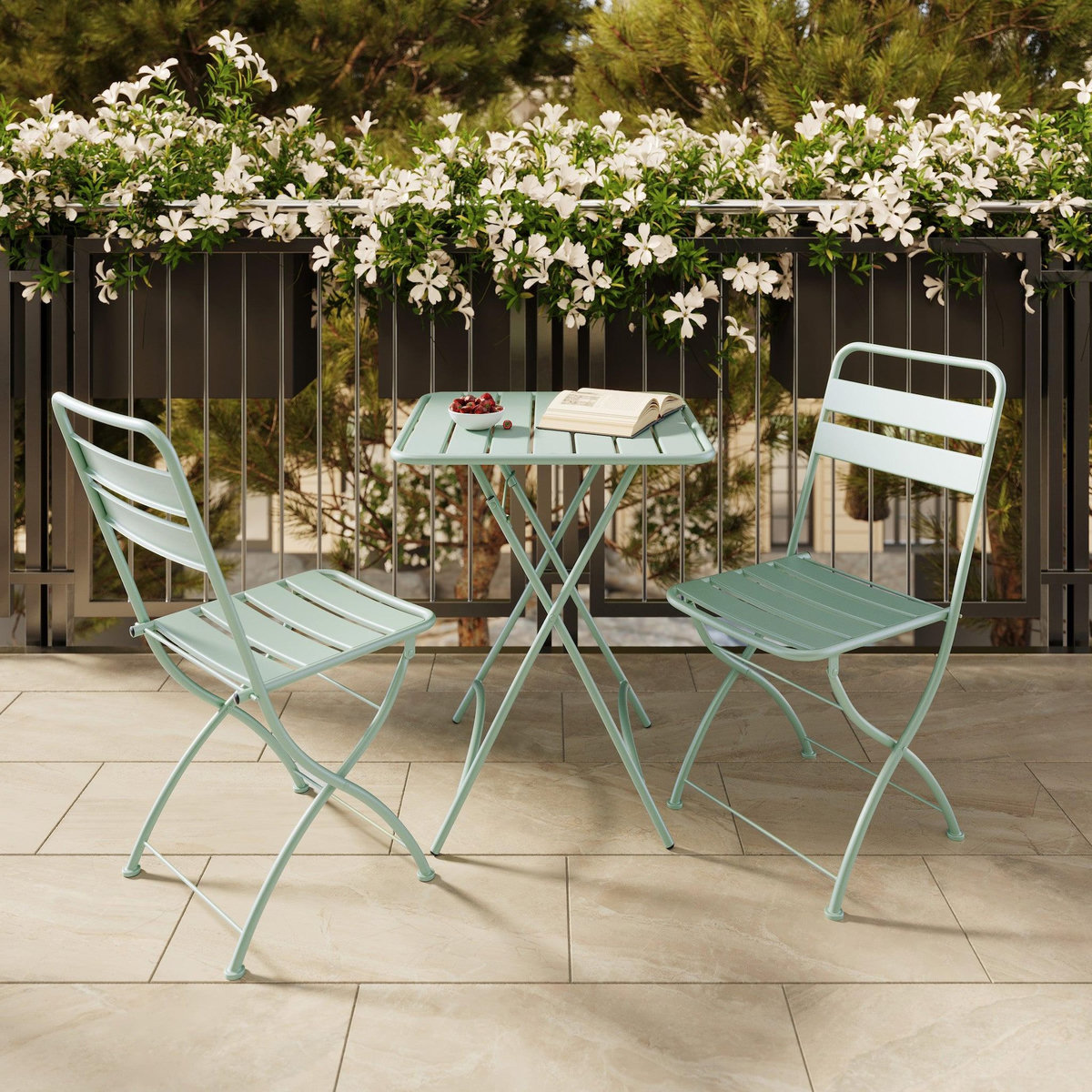 Rendez vous déco Table et chaises de jardin 2 personnes en métal vert-Yumi