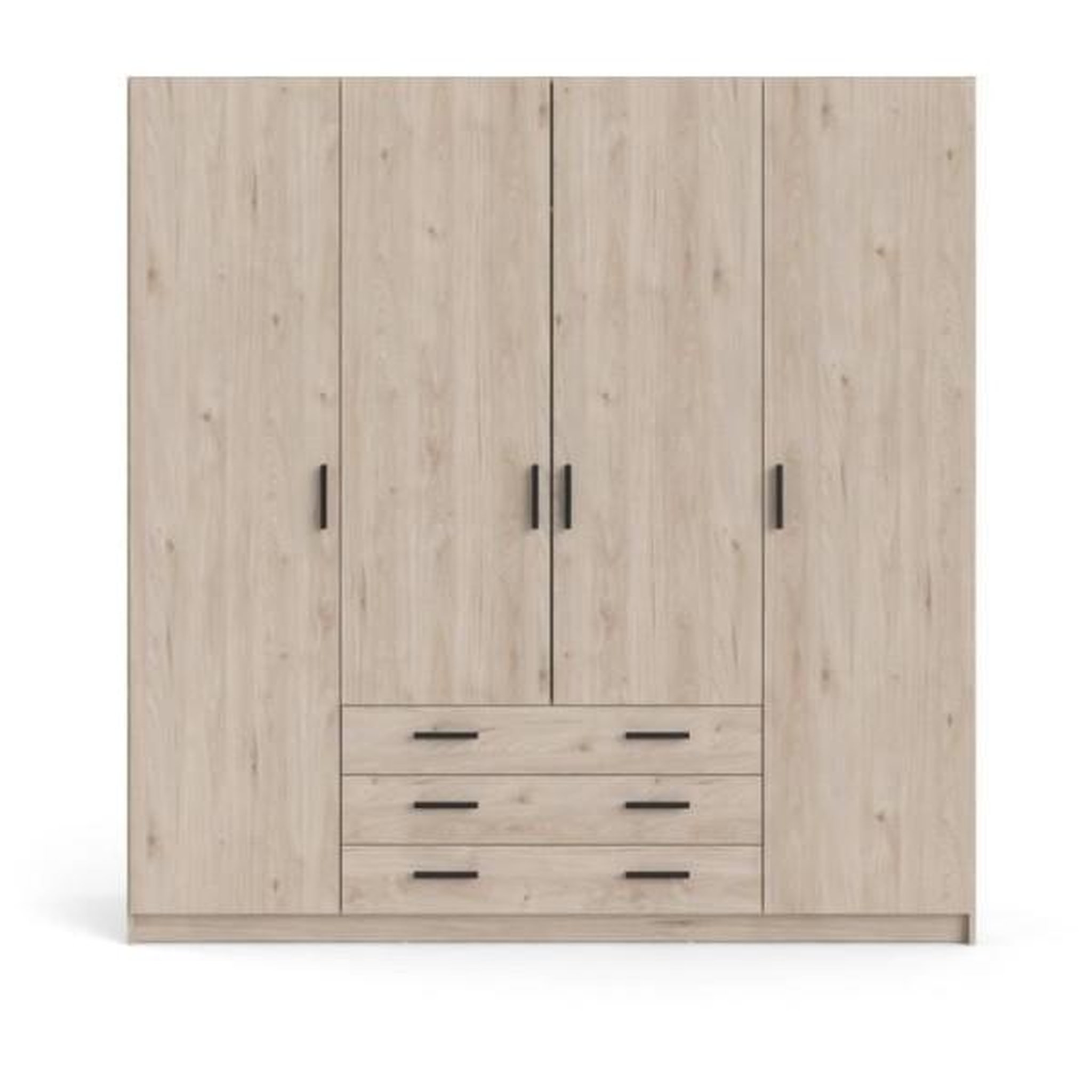 Voir la diapositive 3 : Armoire VEGA - Décor Chene Jackson - 4 portes + 3 tiroirs - L 195,5 x P 49,6 x H 200,4 cm