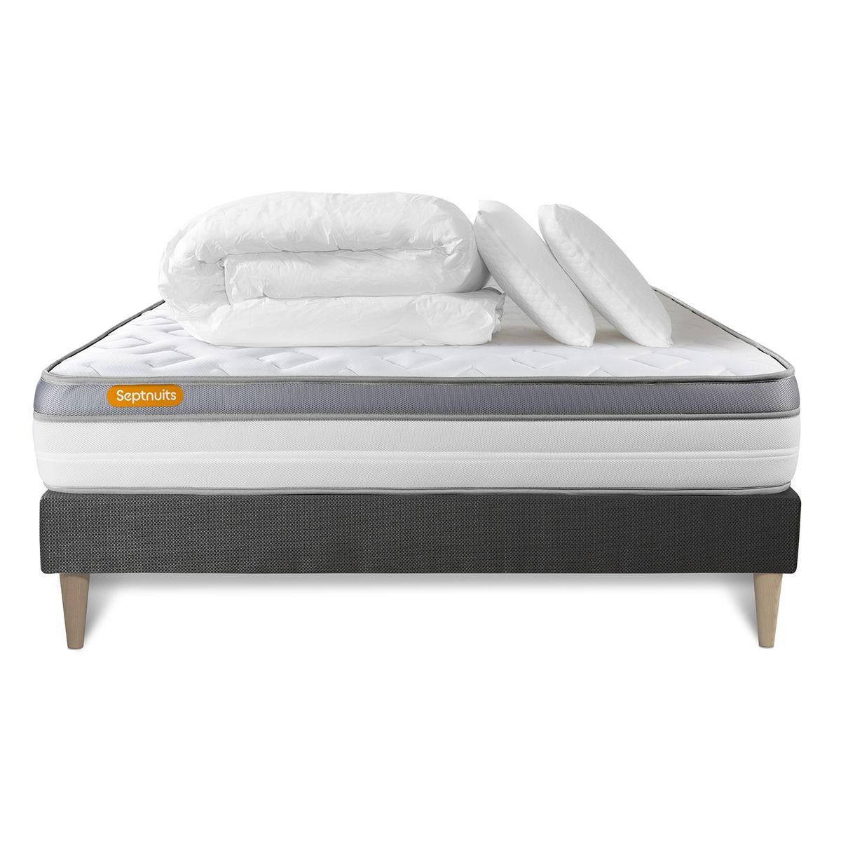 SEPTNUITS Pack matelas + sommier kit gris Memo Zen Mousse à mémoire de forme MAXI épaisseur + Couette + 2 oreillers