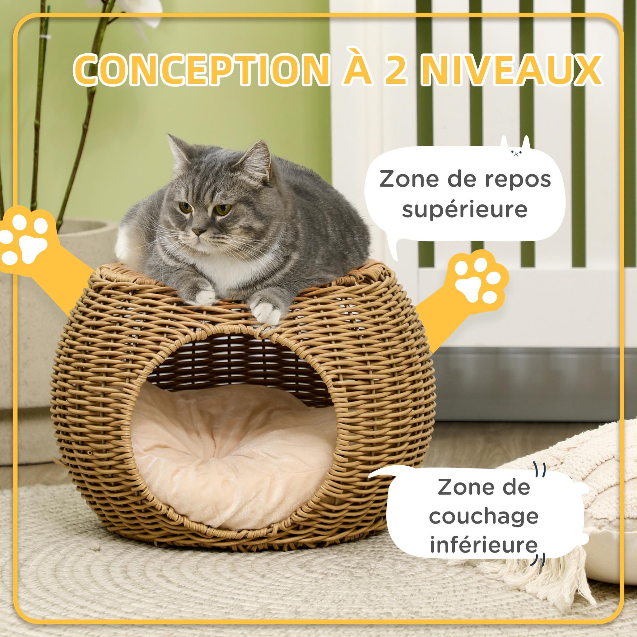 Voir la diapositive 5 : PAWHUT Panier chat lit chat cosy grand confort dim. Ø 40 x 30h cm coussin moelleux inclus polyester résine beige