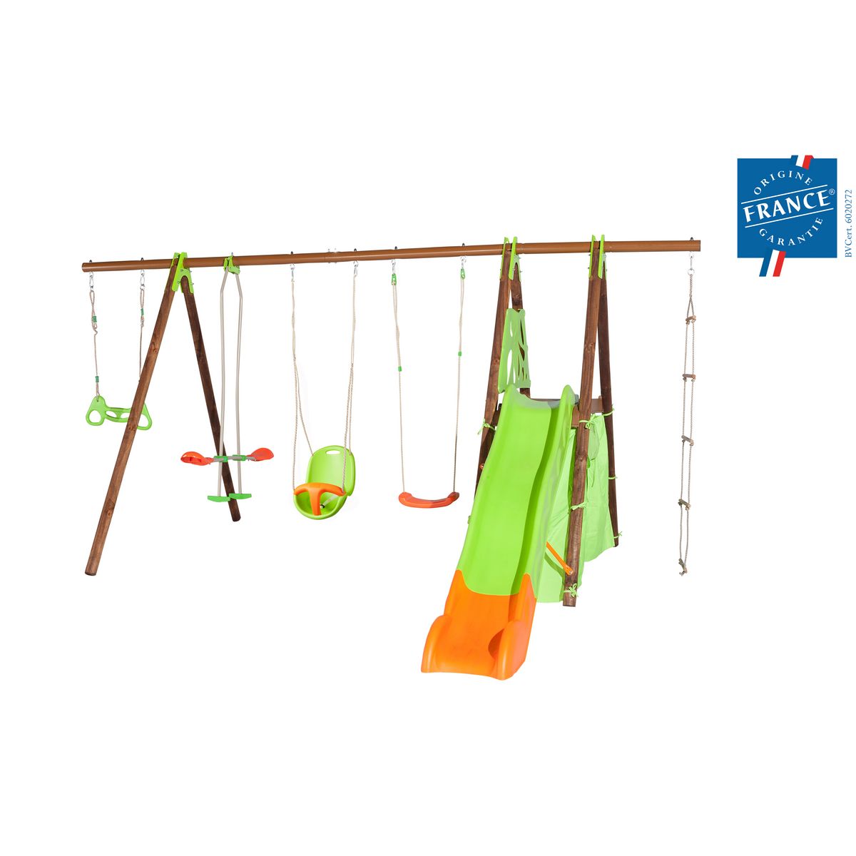 trigano Portique balançoire Bois/Métal avec toboggan  Marla