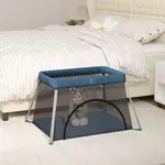 VIDAXL Parc pour bebe avec matelas Bleu marine Tissu de lin