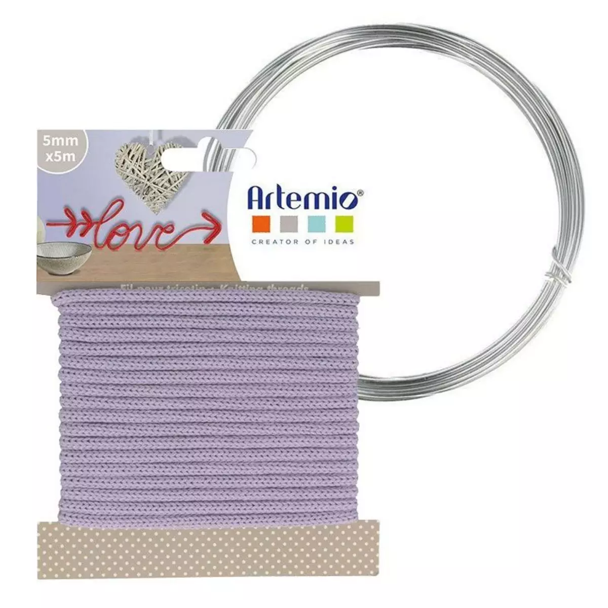 Artemio Fil à tricotin lavande 5 mm x 5 m + fil d'aluminium