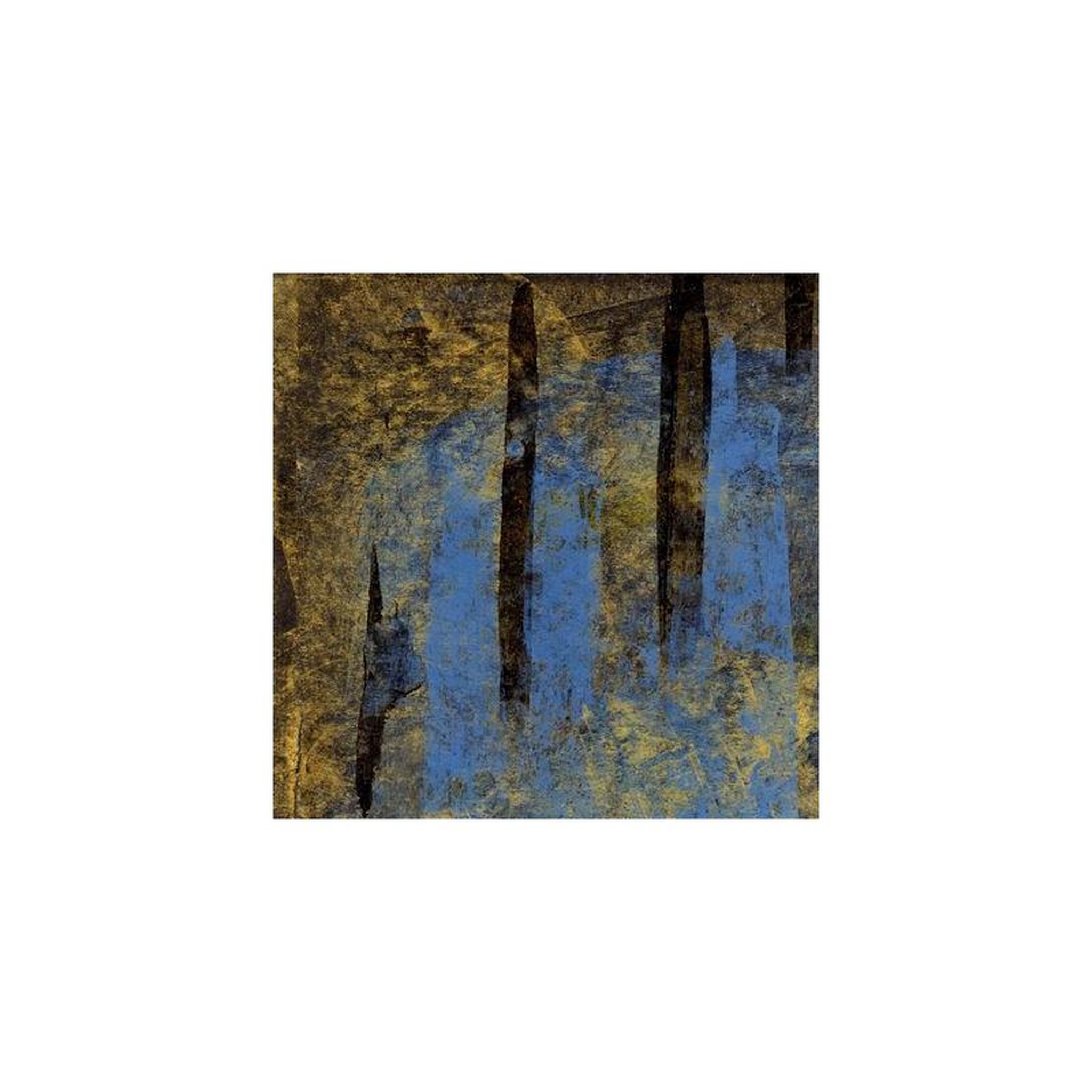 Vinyle ghosts unveiled, pochette abstraite collage bleu et doré/marron, formes monolithes sombres