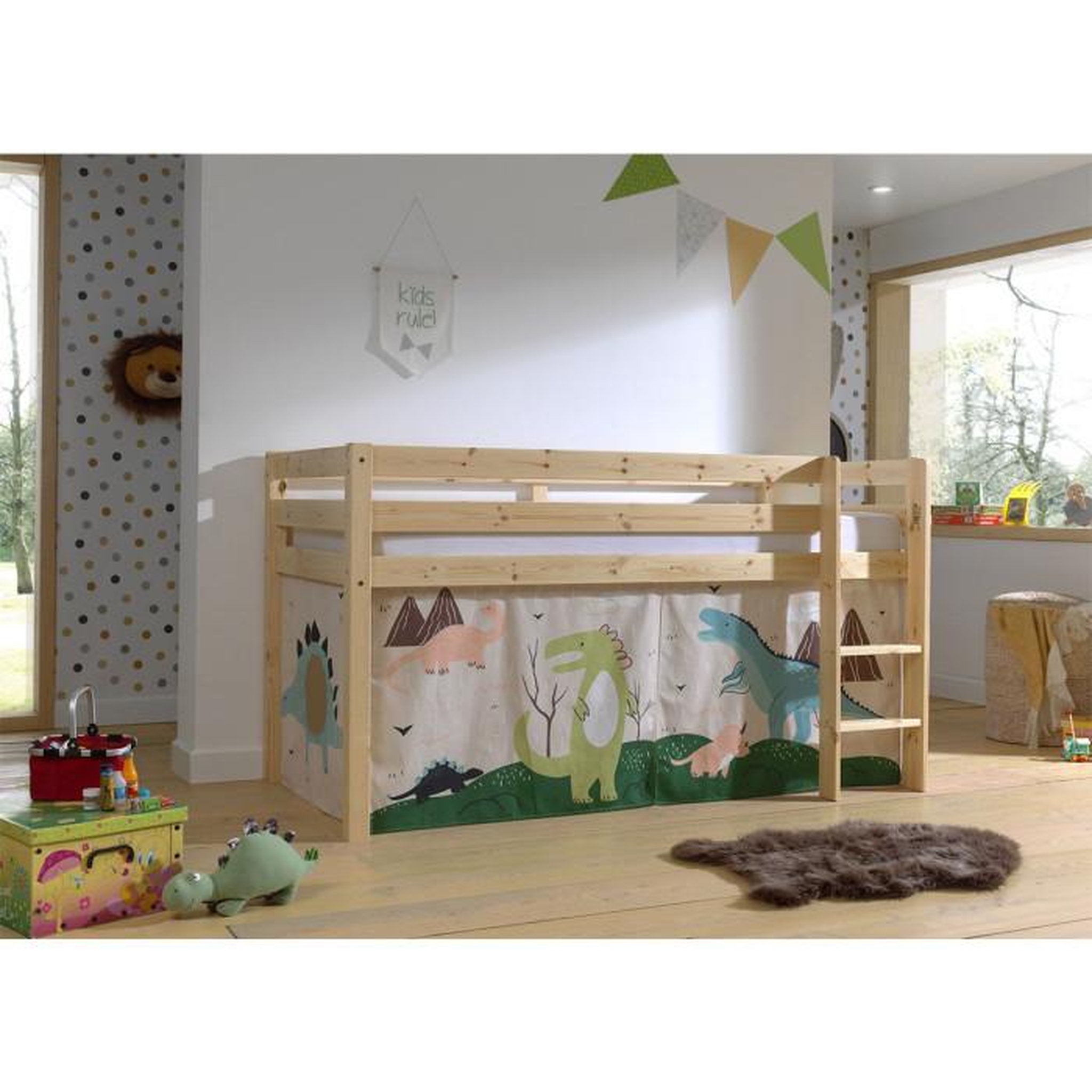 Voir la diapositive 2 : Paris Prix Lit Enfant Surélevé  Pino Dino  90x200cm Naturel