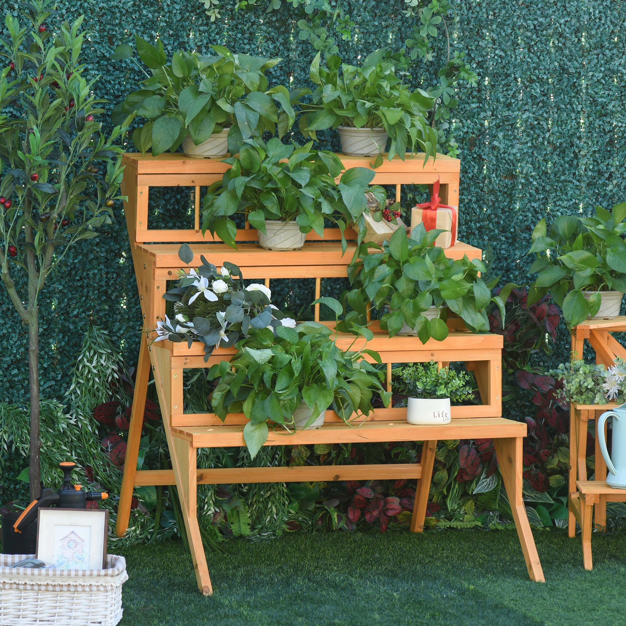 Voir la diapositive 4 : OUTSUNNY Étagère échelle à fleurs en bois - porte plante bois 4 étagères - bois sapin pré-huilé