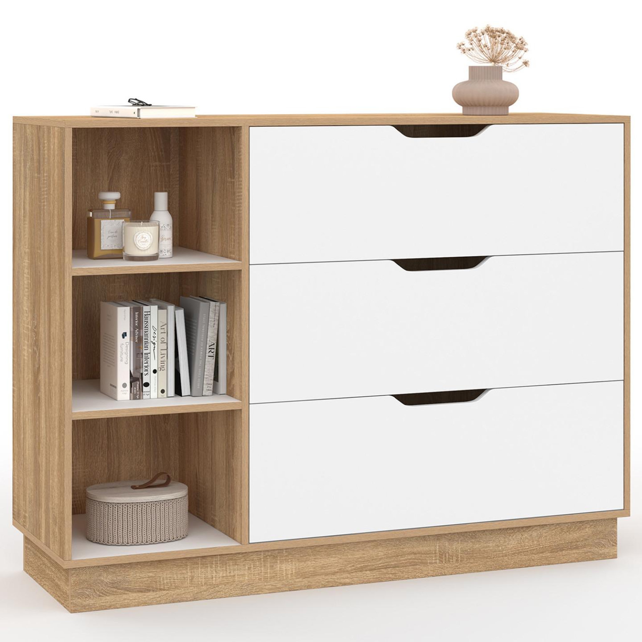 ID MARKET Commode 3 tiroirs et 3 niches oxana hêtre et blanc