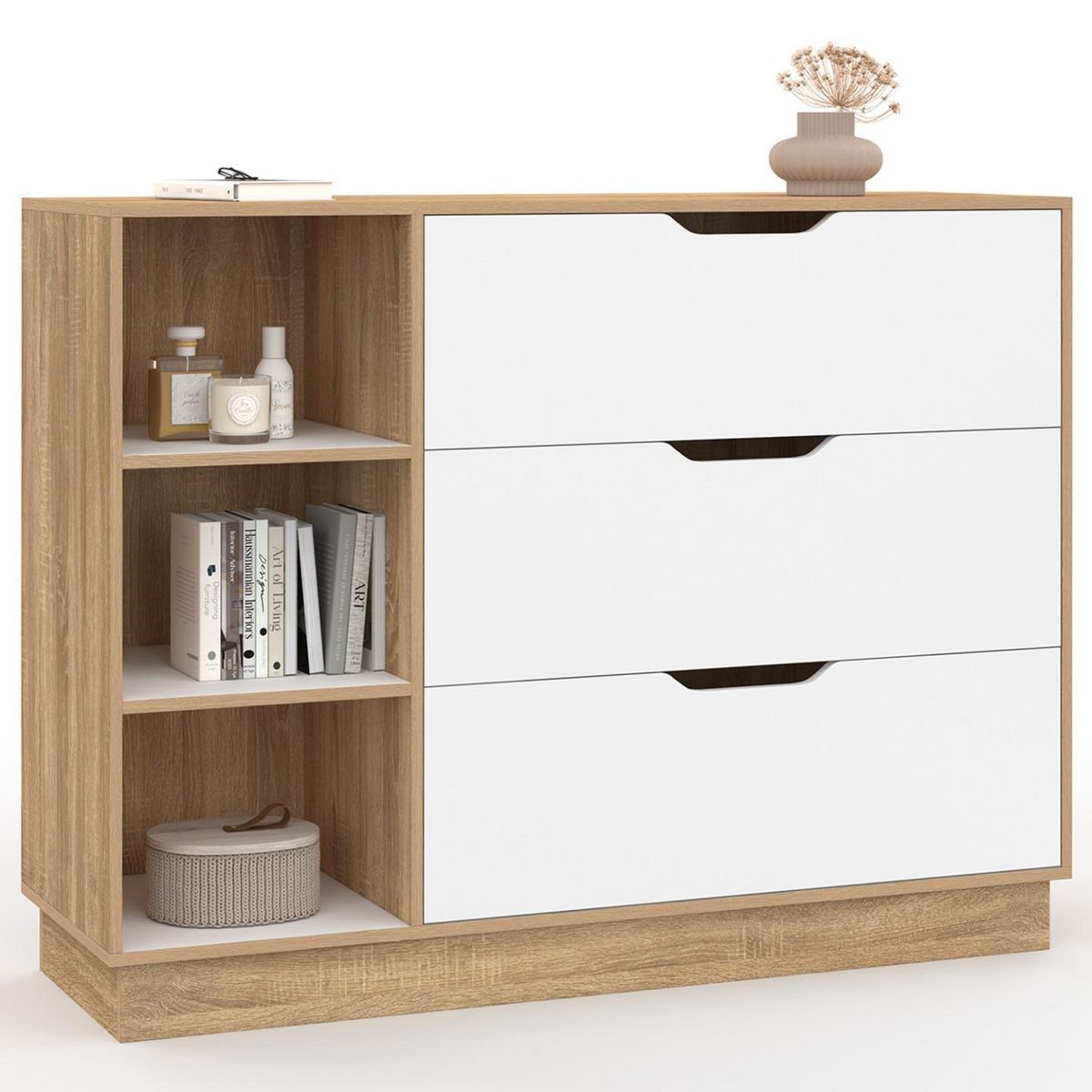 ID MARKET Commode 3 tiroirs et 3 niches OXANA hêtre et blanc