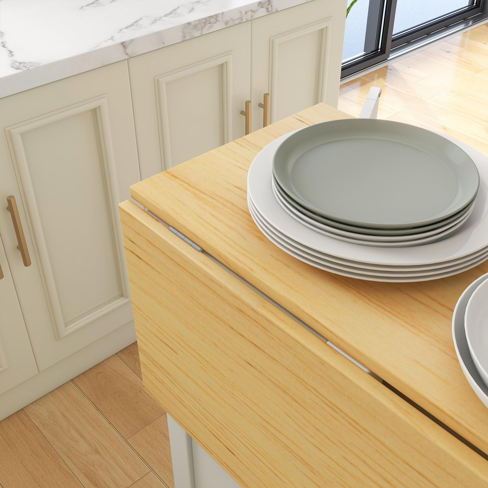 Voir la diapositive 5 : HOMCOM Ensemble îlot central de cuisine avec 2 tabourets de bar - 4 portes, 2 étagères - plateau, pans rabattable - MDF blanc chêne clair verni
