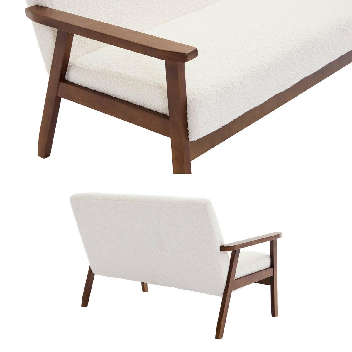 SWEEEK Banquette canapé 2 places en bois teinté noyer clair et tissu bouclette. Isak. L 114 x P 69.5 x H 73cm