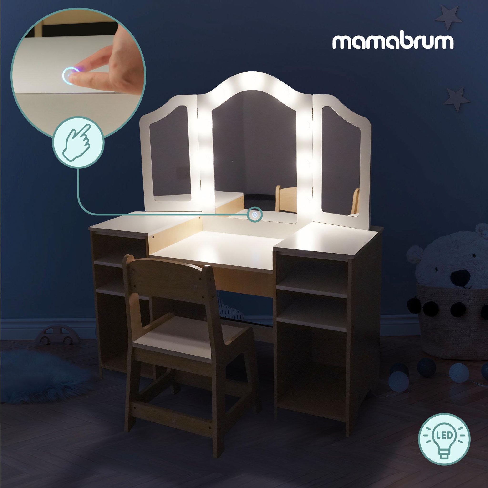 Voir la diapositive 4 : MAMABRUM Coiffeuse Enfant en Bois MAMABRUM avec Chaise, Miroir et Éclairage LED, 9 Accessoires