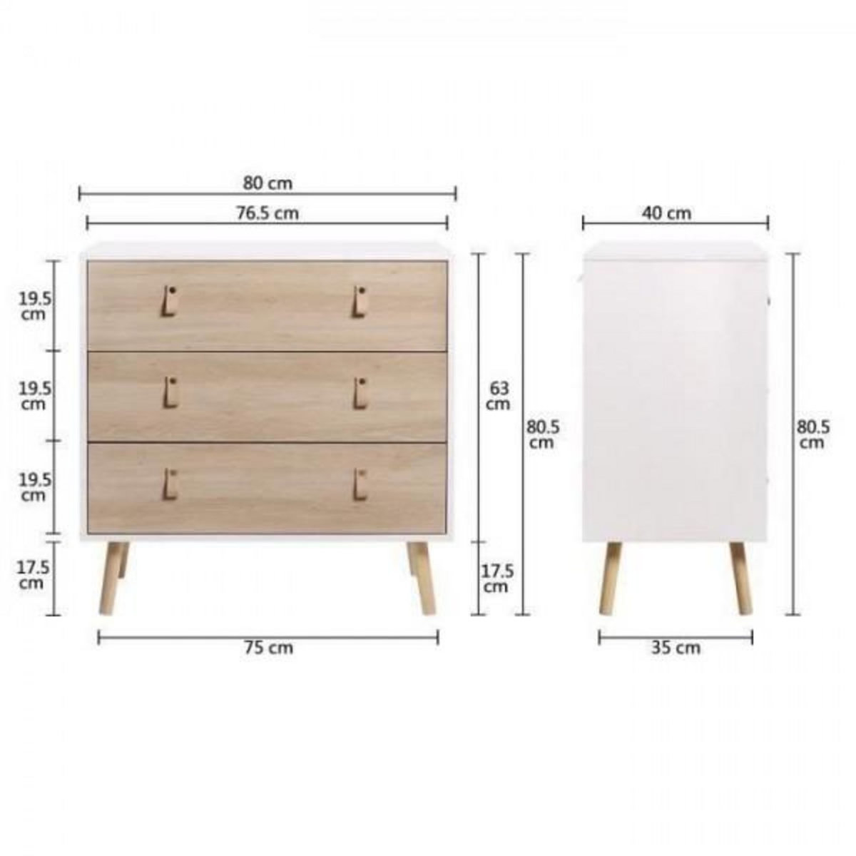 MARKET24 Commode KENT - 3 tiroirs - Chene et blanc - L 80 x P 40 x H 80,5 cm