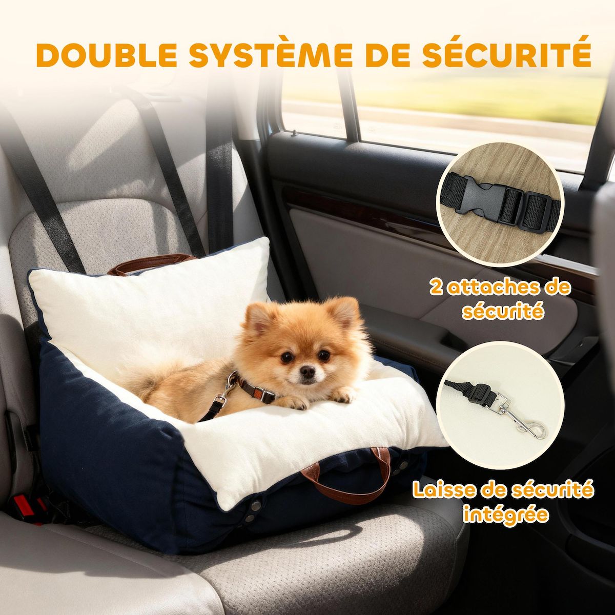 PAWHUT Siège auto sac de transport chien 2 en 1 - réglable - coussin déhoussable - coton bleu écru