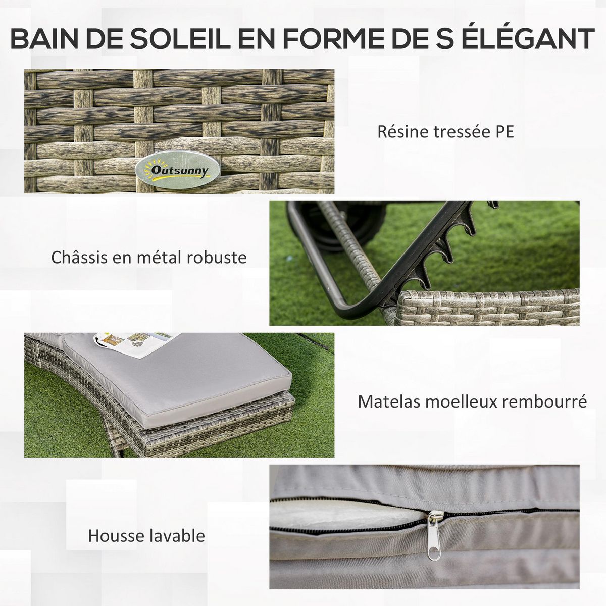 OUTSUNNY Bain de soleil transat grand confort - dossier inclinable 5 positions roulettes - matelas déhoussable inclus - résine tressée grise
