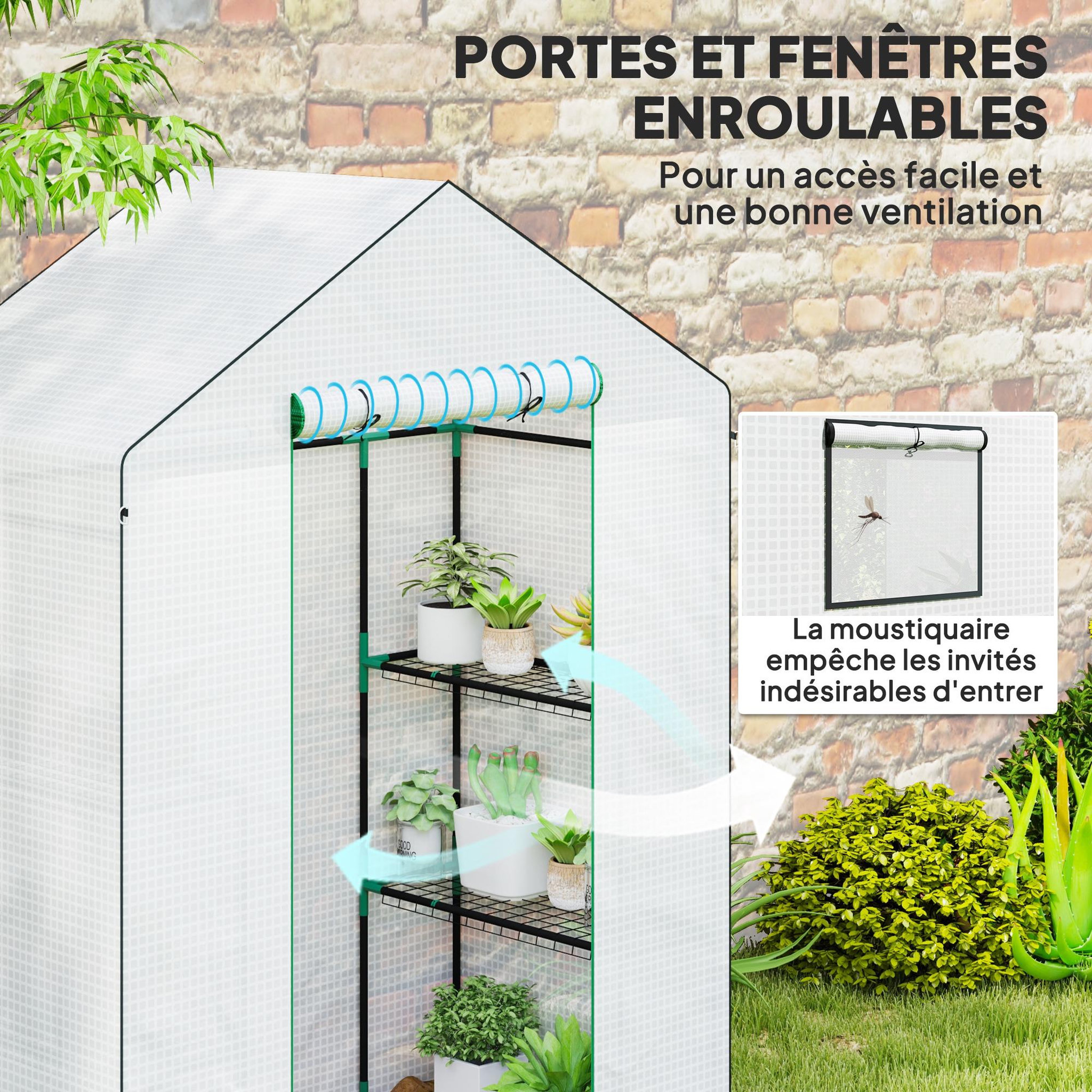 Voir la diapositive 4 : OUTSUNNY Serre de jardin 4 tablettes dim. 1,43l x 0,74l x 1,9h m porte déroulante fenêtre acier pe haute densité blanc