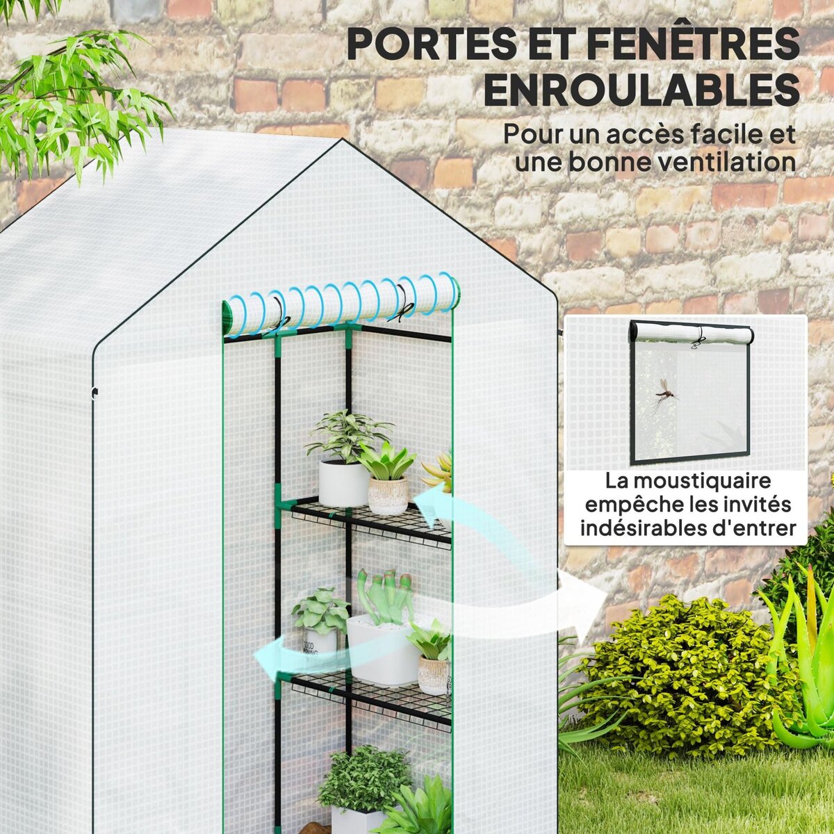 OUTSUNNY Serre de jardin 4 tablettes dim. 1,43L x 0,74l x 1,9H m porte déroulante fenêtre acier PE haute densité blanc