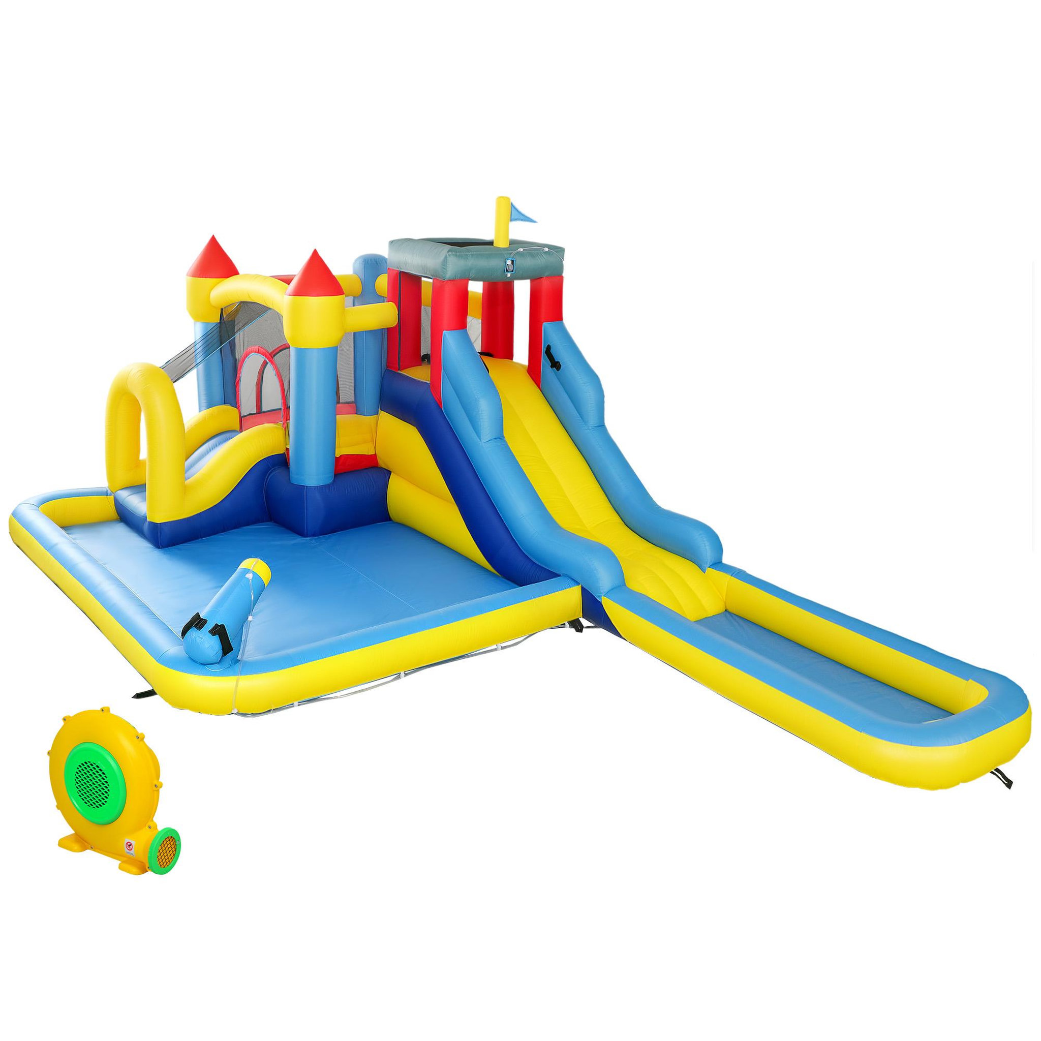 Voir la diapositive 1 : HOMCOM Château gonflable enfant 6 en 1 - toboggan, trampoline, panier basket-ball, piscine, mur, pistolet - nombreux accesoires