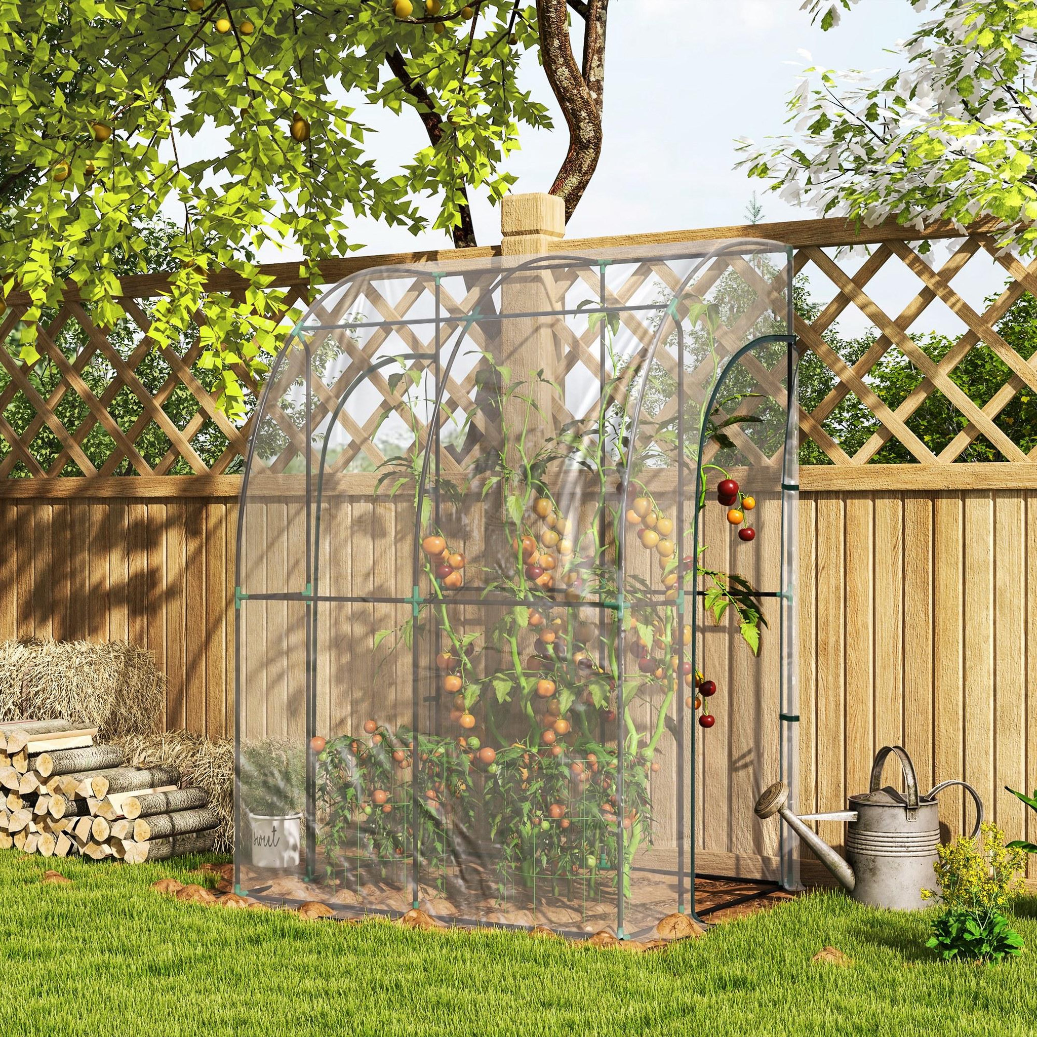 Voir la diapositive 2 : OUTSUNNY Serre de jardin adossée serre adossée dim. 1,43l x 1,18l x 2,12h m 2 portes zippées enroulables acier pvc transparent