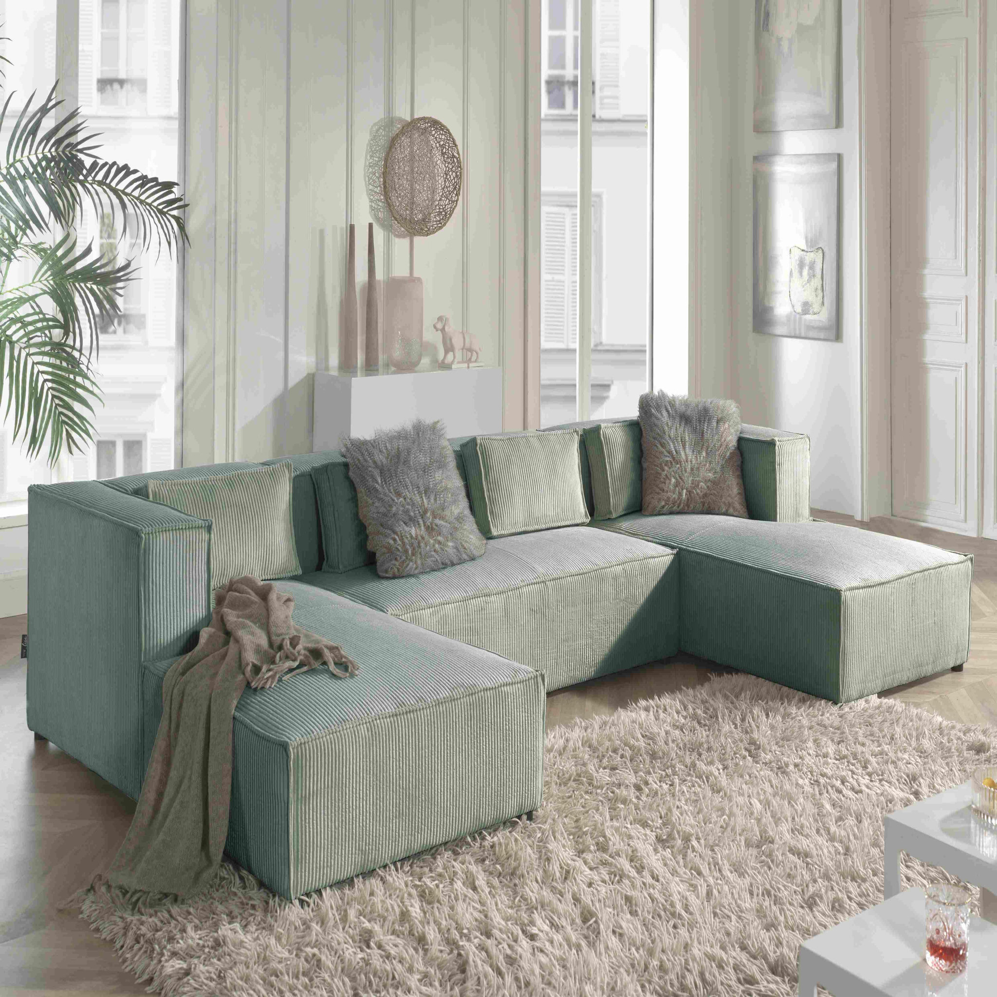 Voir la diapositive 2 : BEST MOBILIER Stella - canapé panoramique en u - 7 places - en velours côtelé