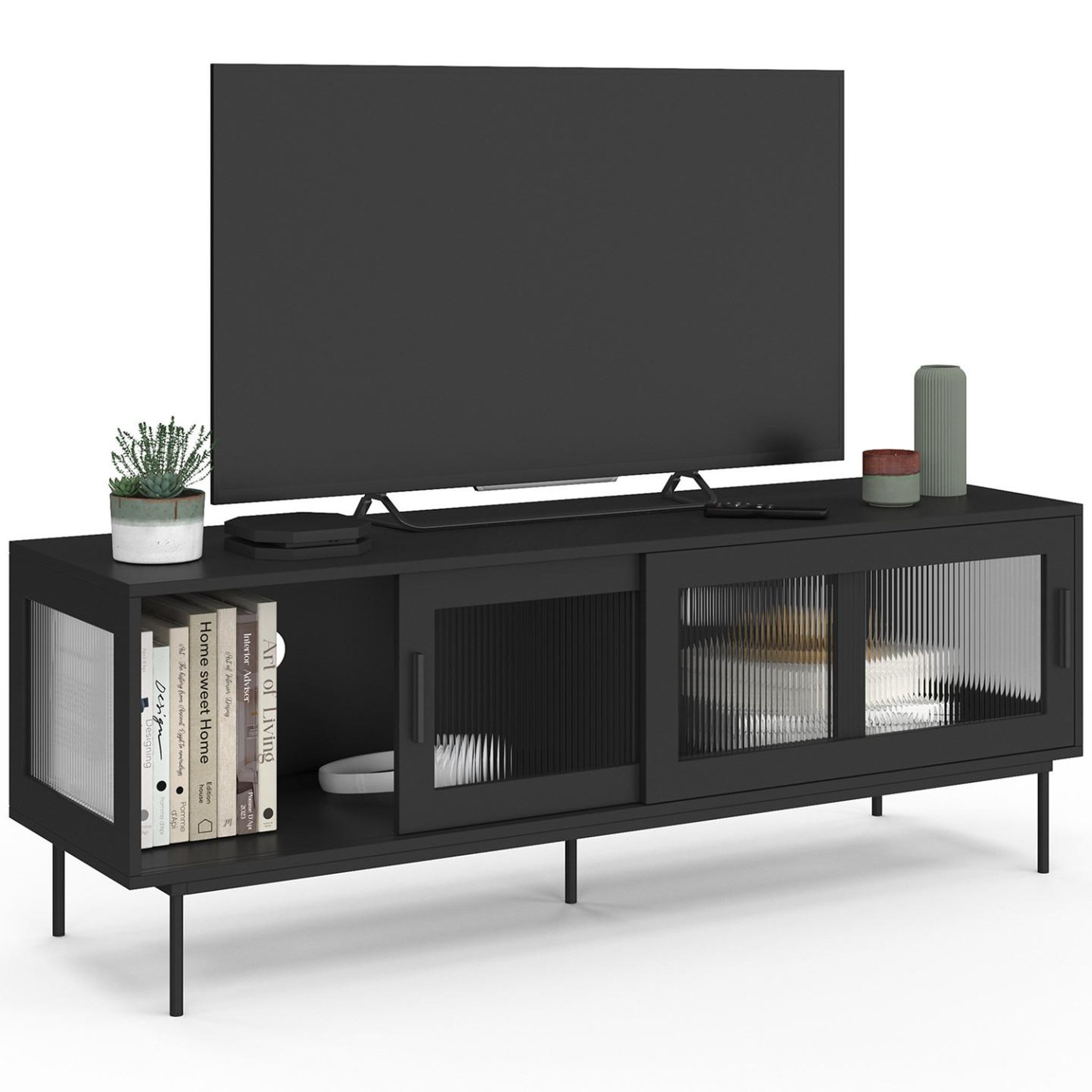 Voir la diapositive 4 : ID MARKET Meuble tv 140 cm zineb 2 portes coulissantes vitrées façade cannelée noir