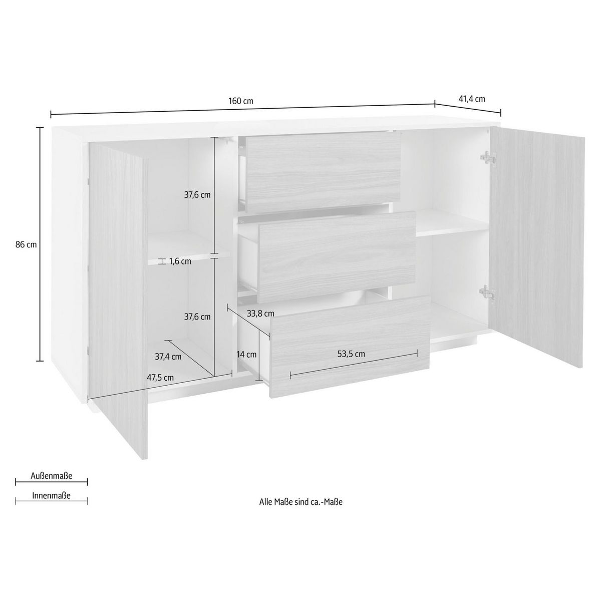 Buffet moderne 2 portes 3 tiroirs 160 cm LUCERA