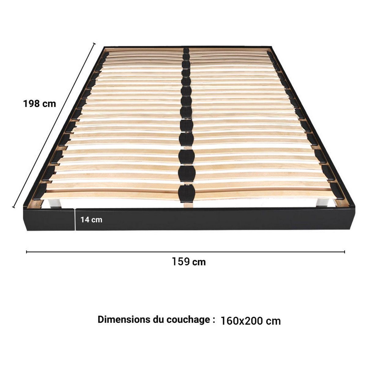 Sommier cadre à lattes sur pieds 160x200 cm 2x26 lattes ASCQ