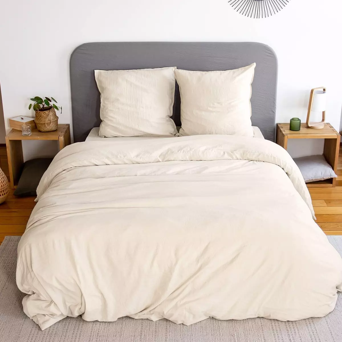 SWEEEK Parure de lit en microfibre lavée, sable, pour lit 2 places avec 2 taies d'oreillers