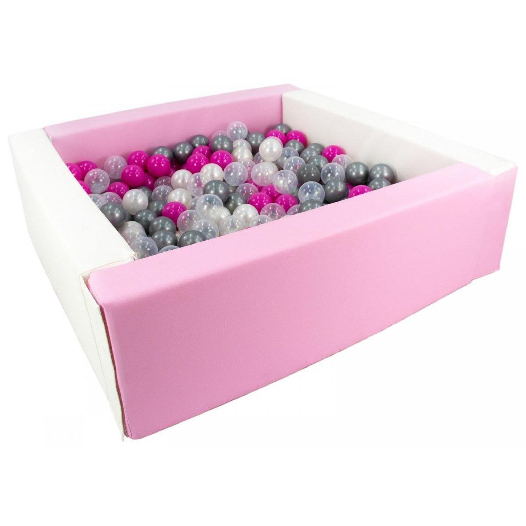 VELINDA Piscine à balles carrée avec 300 balles - blanc, rose (pastel)/perle, transparent, rose, argent