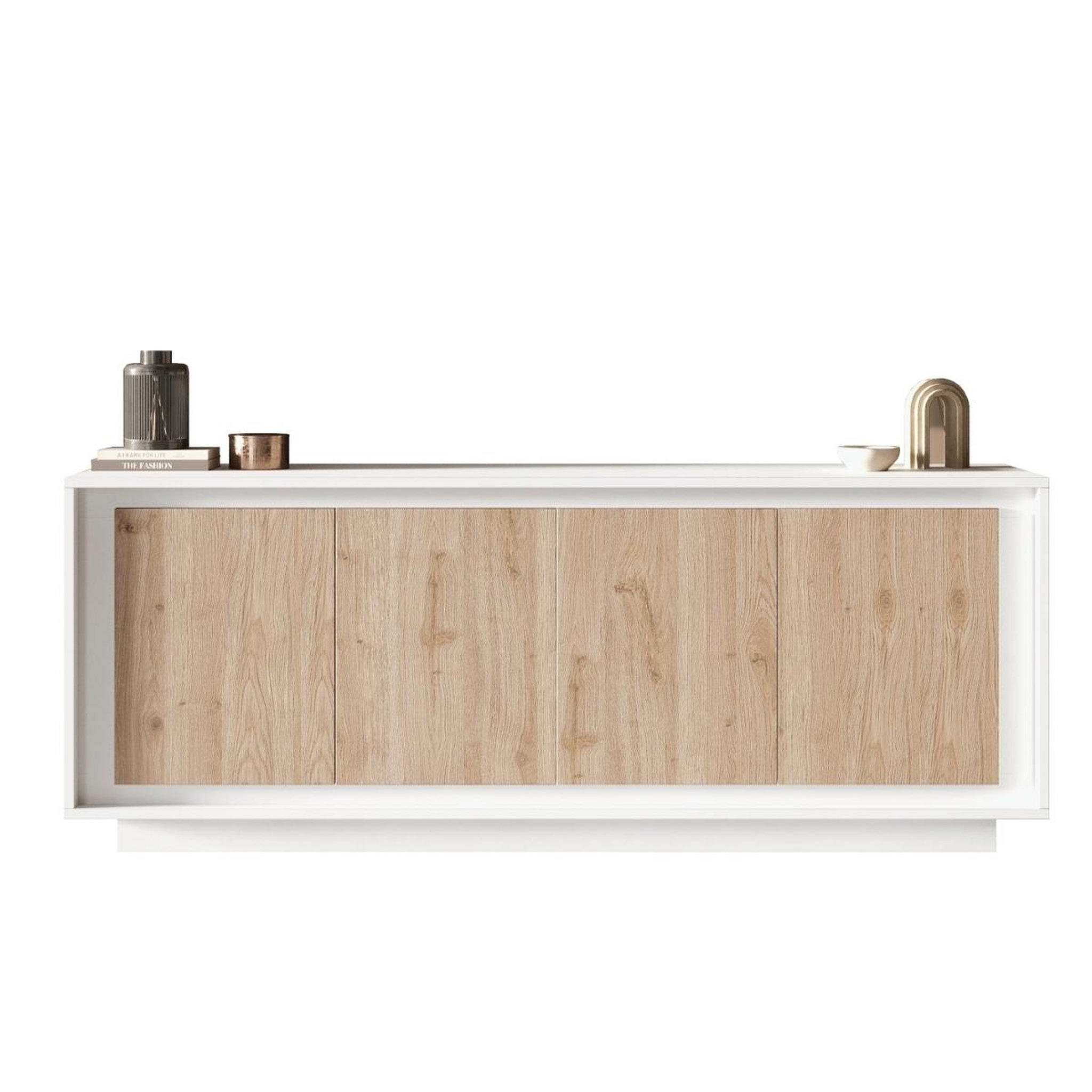 JLC KREATION Buffet bas contemporain 4 portes blanc et bois naturel yori