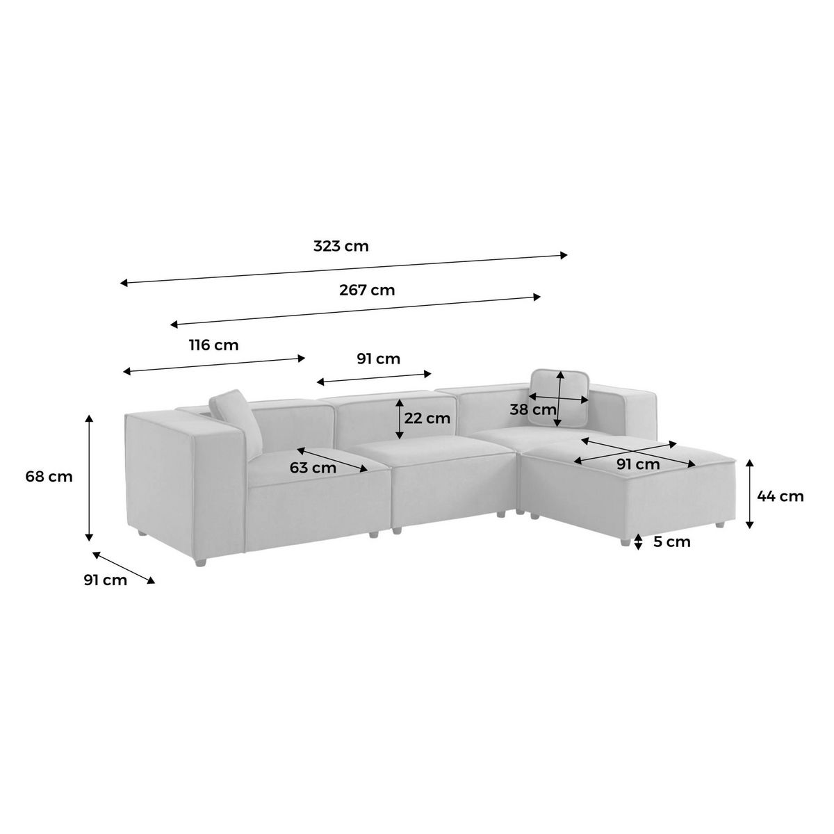 SWEEEK Canapé modulable tissu gris 3-4 places déperlant. 2 corners + 1 assise + 1 pouf