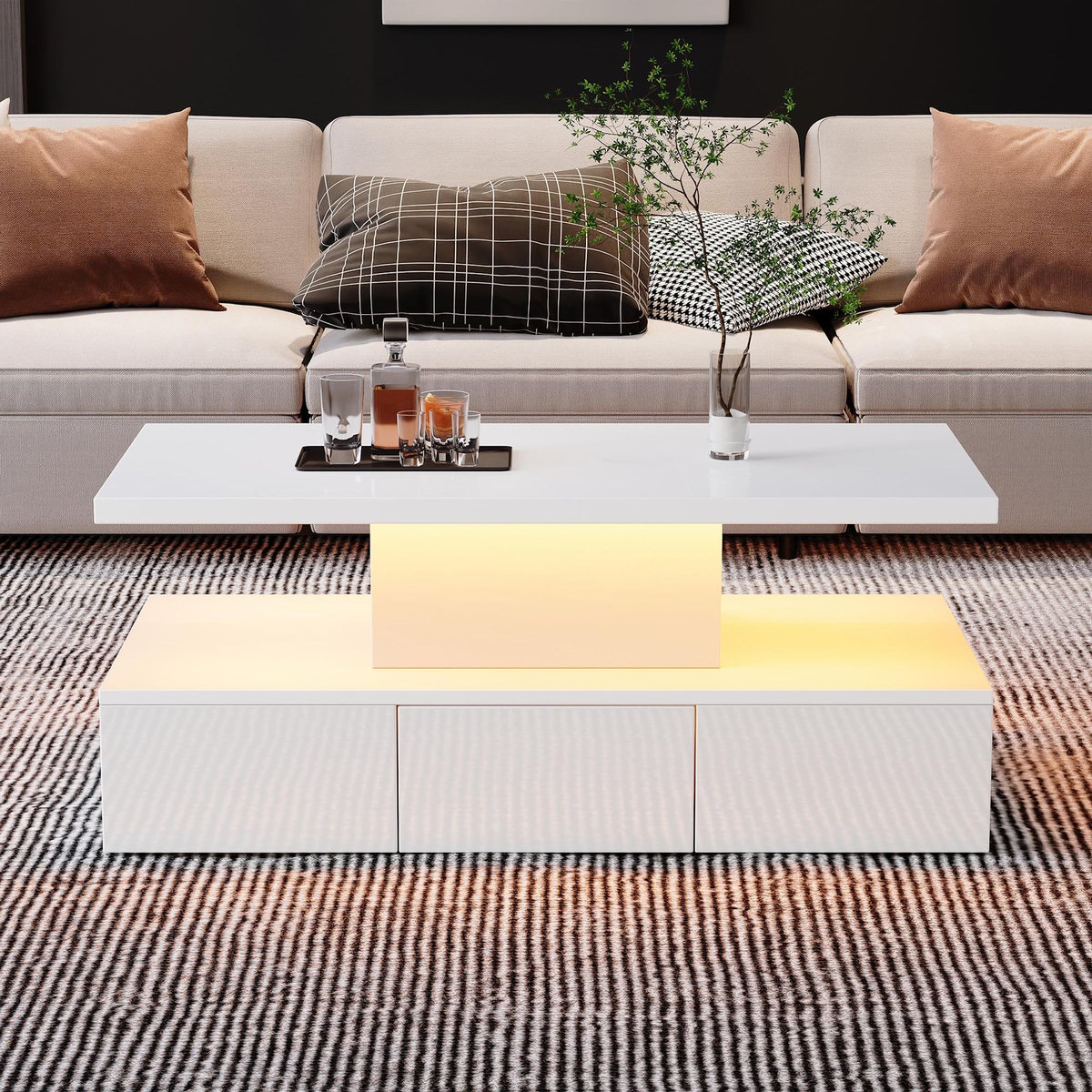MERAX Table basse rectangulaire blanc avec 1 tiroir - 50x100 cm led panneau de particules