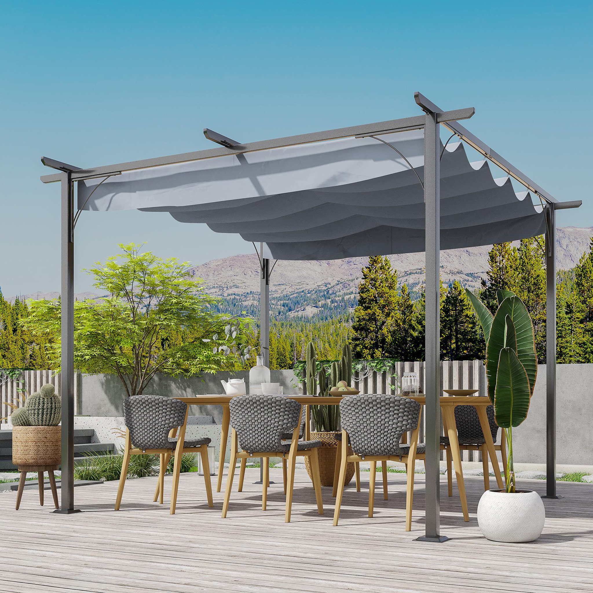 Voir la diapositive 4 : OUTSUNNY Pergola rétractable 3L x 3l x 2,30H m structure métal époxy anticorrosion noire + toile polyester haute densité 180 g/m² incluse gris