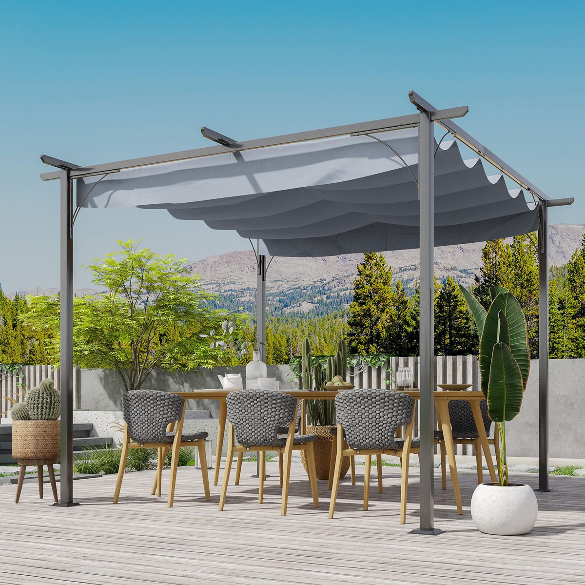 OUTSUNNY Pergola rétractable 3L x 3l x 2,30H m structure métal époxy anticorrosion noire + toile polyester haute densité 180 g/m² incluse gris