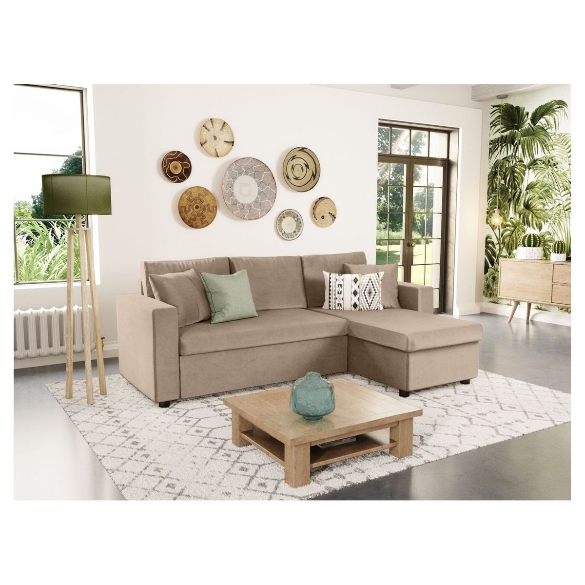 Canapé d'angle réversible convertible avec coffre en tissu ou velours GERALDINE 