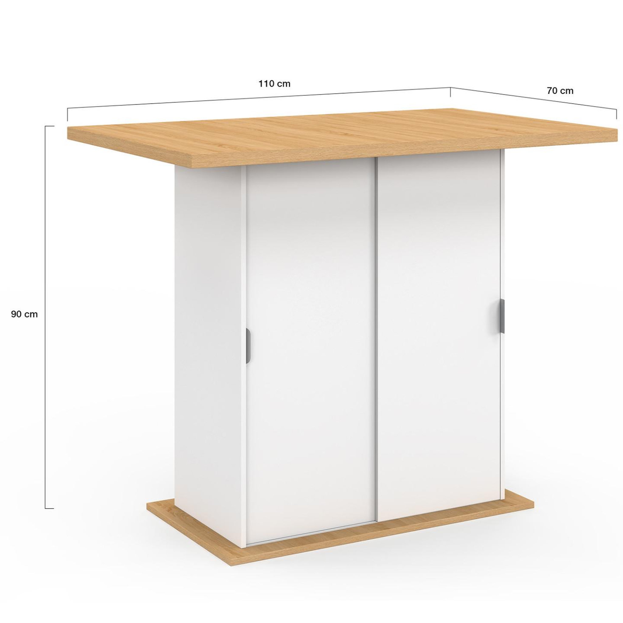 Voir la diapositive 5 : ID MARKET Ilot central 4 personnes paxton 110 cm pied central avec rangement bois blanc avec plan de travail façon hêtre