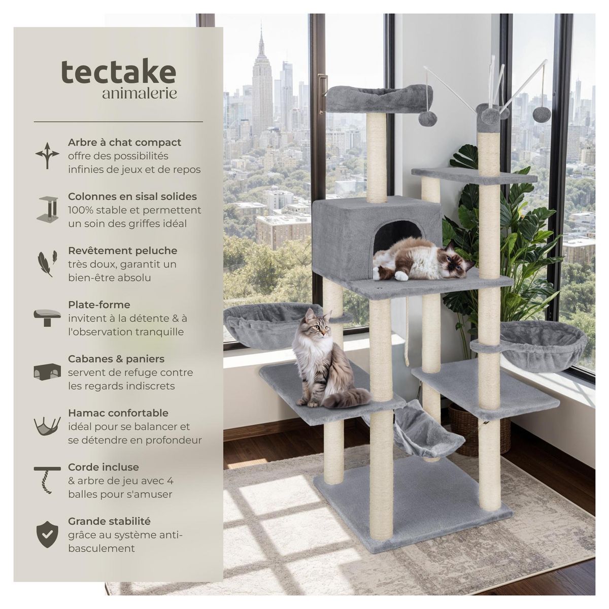 tectake Arbre à chat 165 cm avec griffoir et plateforme d'escalade gris