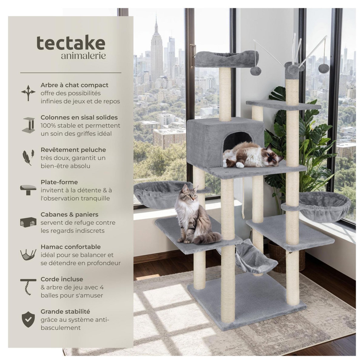 tectake Arbre à chat 165 cm avec griffoir et plateforme d'escalade gris