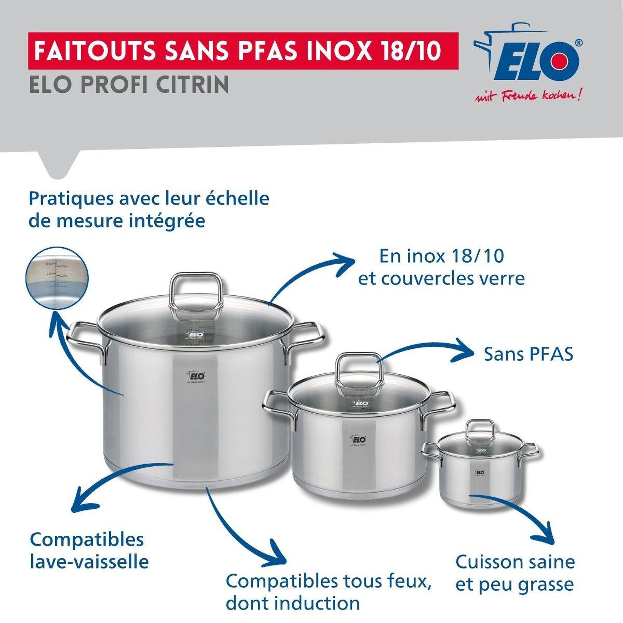 Voir la diapositive 3 : ELO Ensemble de 3 poêles de cuisson 24, 28 et 32 cm et 3 faitouts 12, 20 et 26 cm elo profi citrin