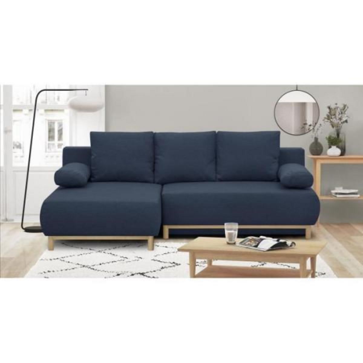 MARKET24 Canapé d'angle gauche convertible MIKA 3 places - Tissu bleu foncé - Coffre de rangement - L218 x P98/145 x H84 cm