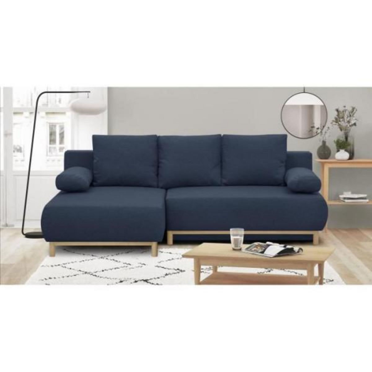 MARKET24 Canapé d'angle gauche convertible MIKA 3 places - Tissu bleu foncé - Coffre de rangement - L218 x P98/145 x H84 cm